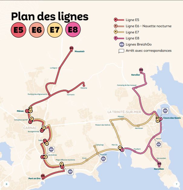 Linienplan des Glazgo-Sommer-Shuttles zwischen Carnac und La Trinite-sur-Mer, mit der Haltestelle Kervillen vor dem Camping de la Baie